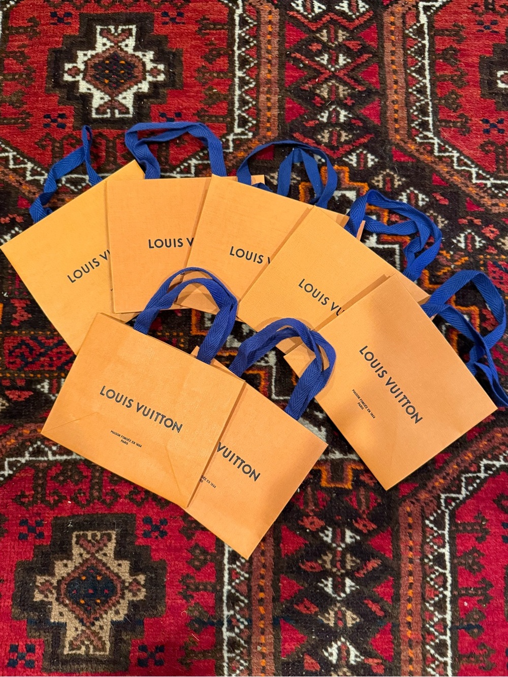 Louis Vuitton Orange Mini Shopping Bags with Blue Ribbon Handles